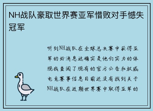 NH战队豪取世界赛亚军惜败对手憾失冠军
